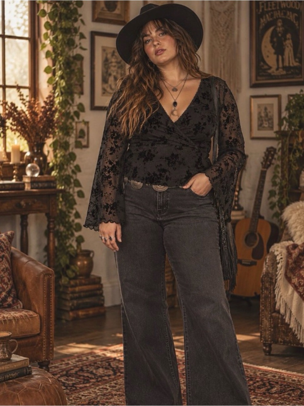 Cider Black Floral Burnout Wrap Long Sleeve Top
